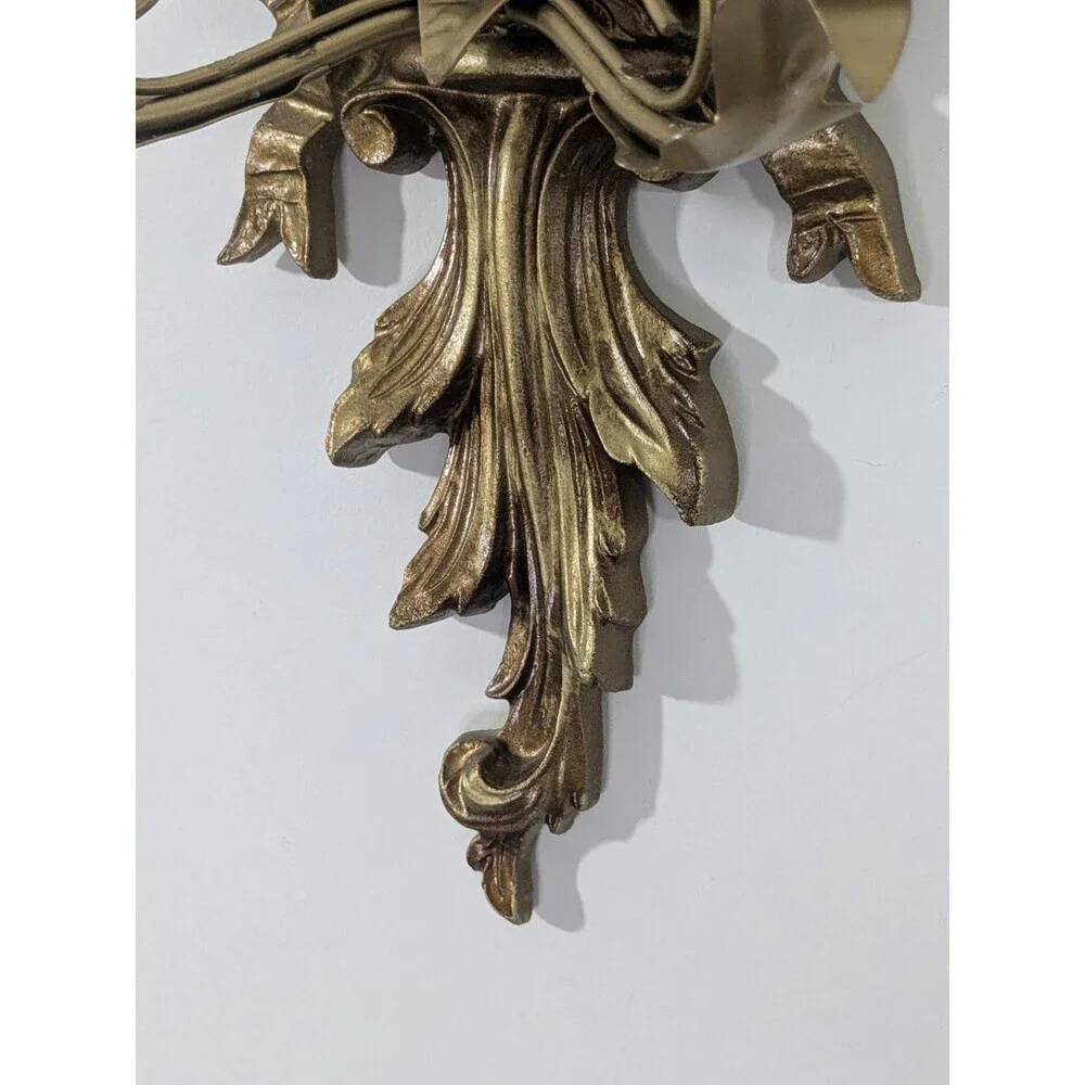 Vintage Italian Giltwood Bow Top Botanical Decor Mirror Two Candle Wall Sconce